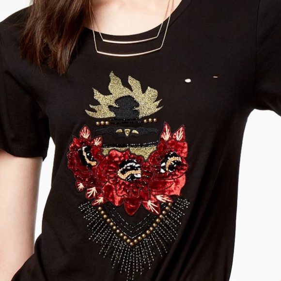 NWT GUESS Studded-Appliqué Ripped T-Shirt - Picture 6 of 13